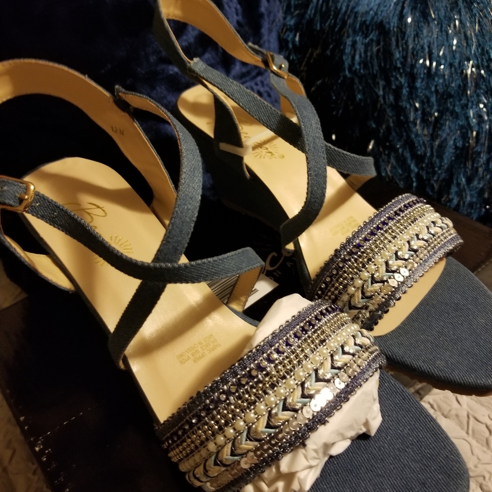 NEW! Denim with pearl and rhinestone detail low/casual wedge. Size 12